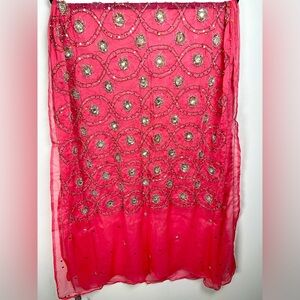 Raj Pink Silk with Gold Embellishments Embroidered Scarf Stunning! 70” x 32”